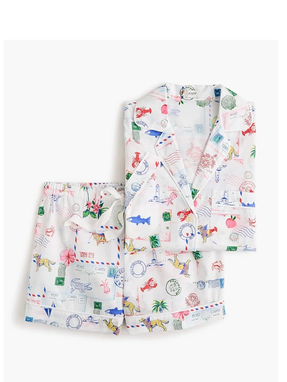 NWT J. Crew White Multicolor Postcard-Print Pajama Set